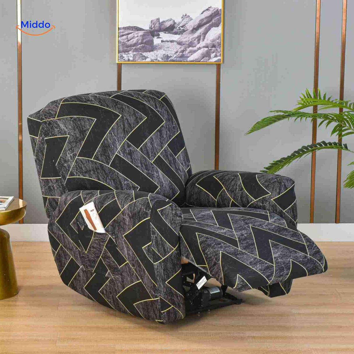 reclinex bankhoes zwart met gouden chevron strepen luxe stretchhoes www.middo.nl