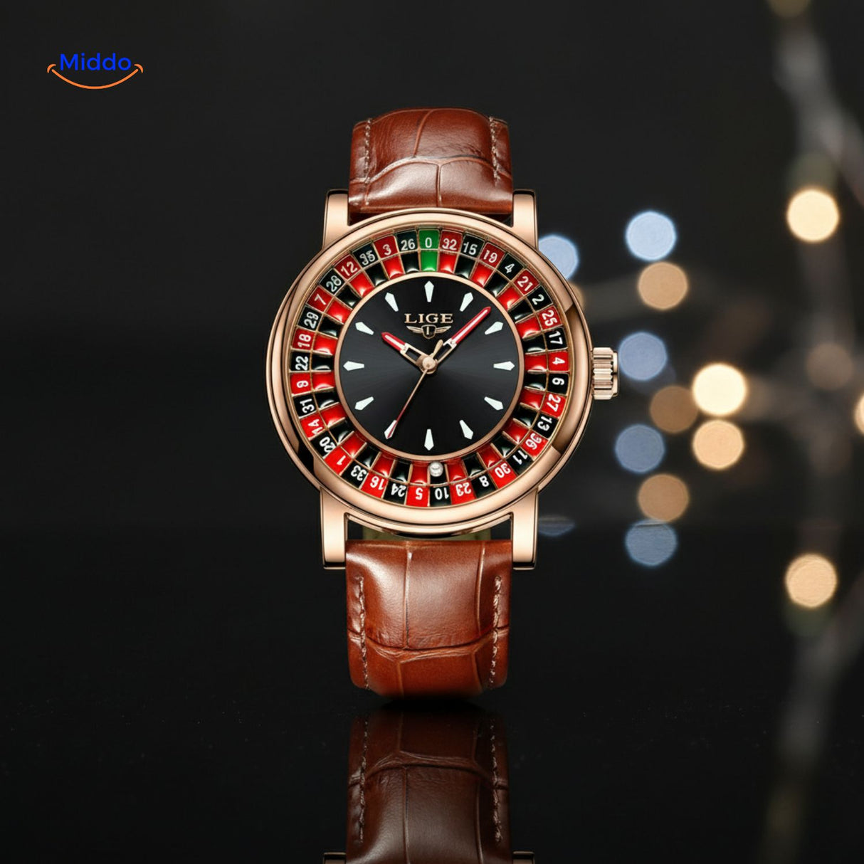 roulettix horloge rosegoud leren band www.middo.nl