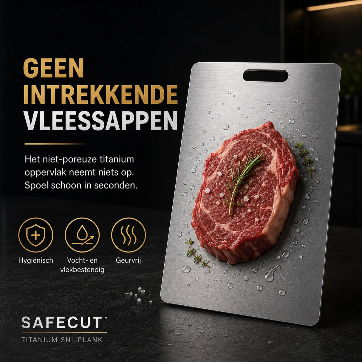 SafeCut™ titanium snijplank van Middo voor hygiënisch snijden van vlees en vis zonder intrekkende vleessappen