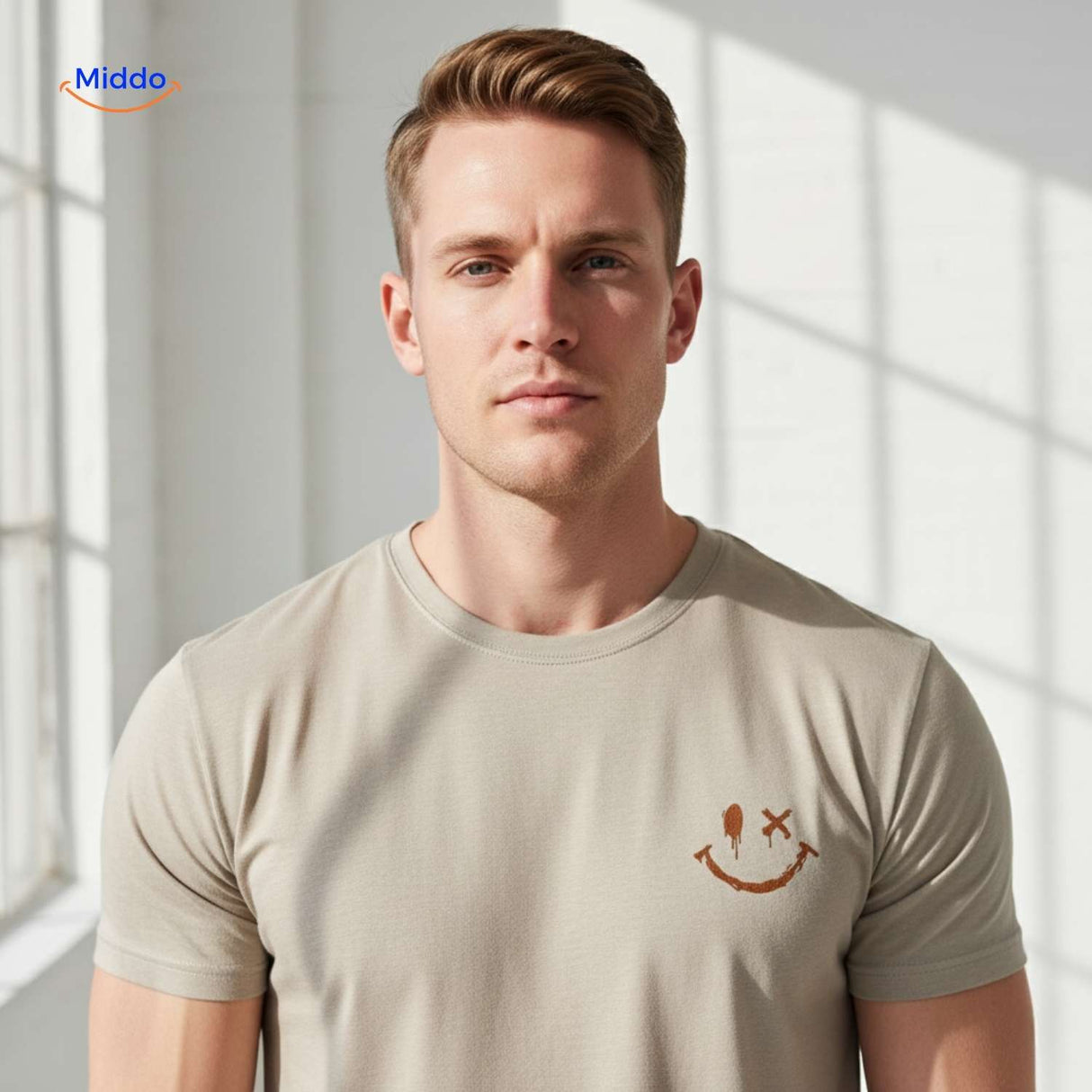 smileywave tshirt beige close up met smiley logo www.middo.nl
