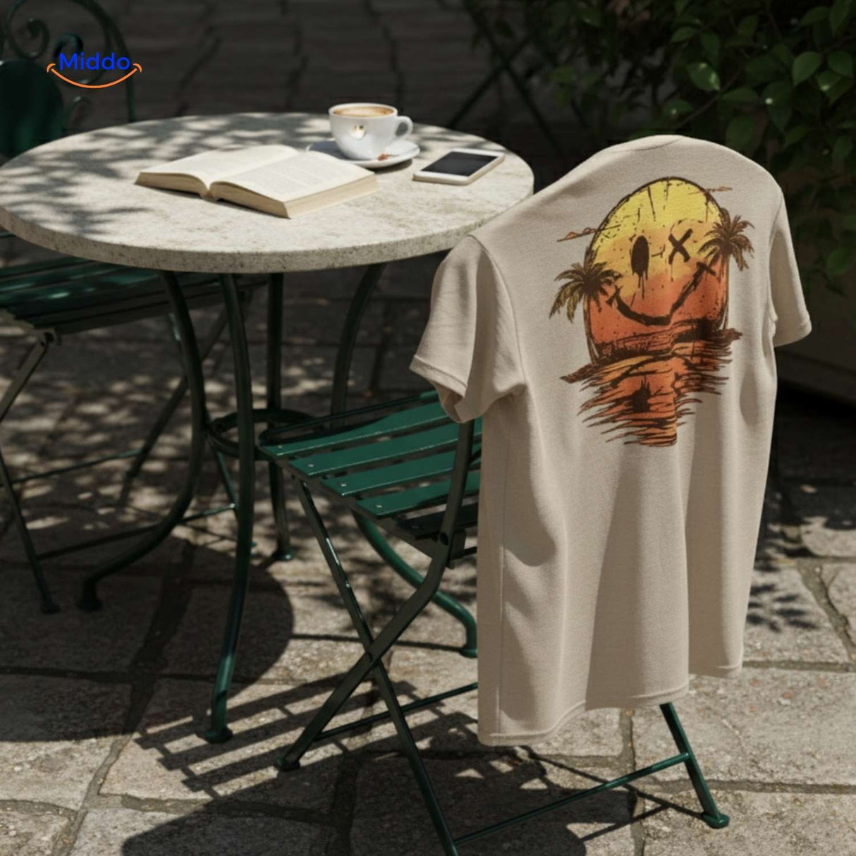 smileywave tshirt beige met smileyprint op stoel buiten www.middo.nl