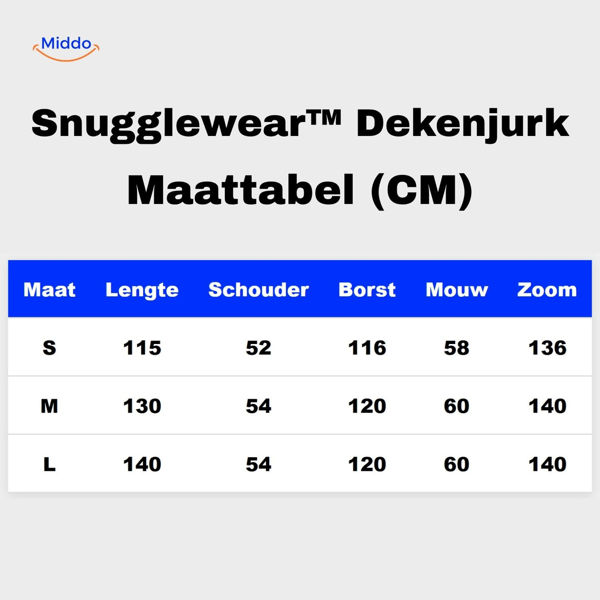 snugglewear dekenjurk maattabel s m l cm informatie www.middo.nl
