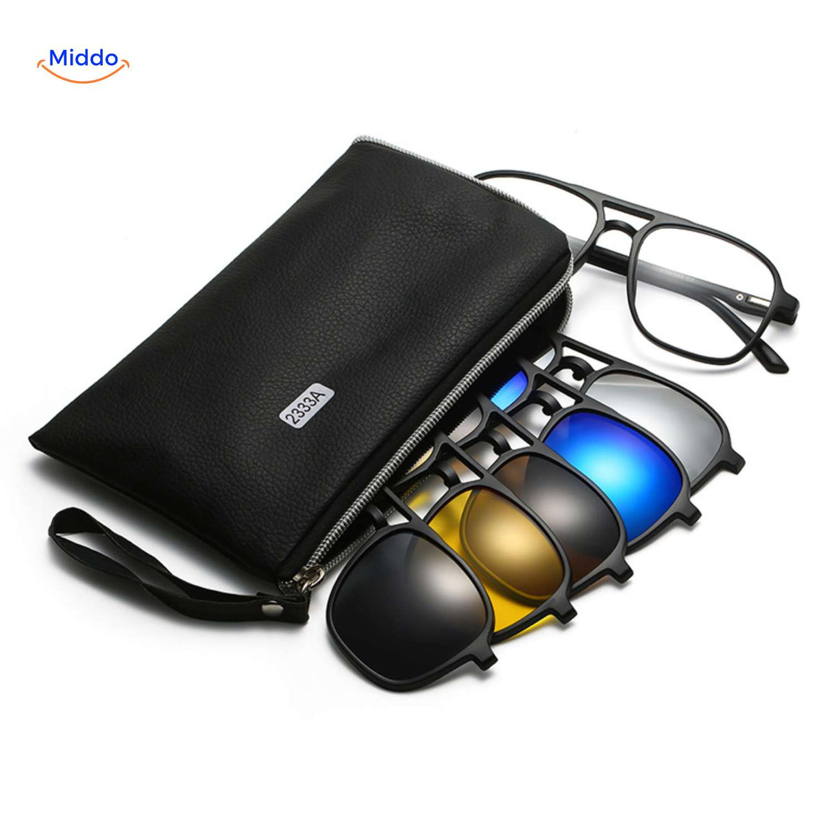 solvizo zonnebril met etui en 5 magnetische clip on lenzen voor multifunctioneel gebruik www.middo.nl