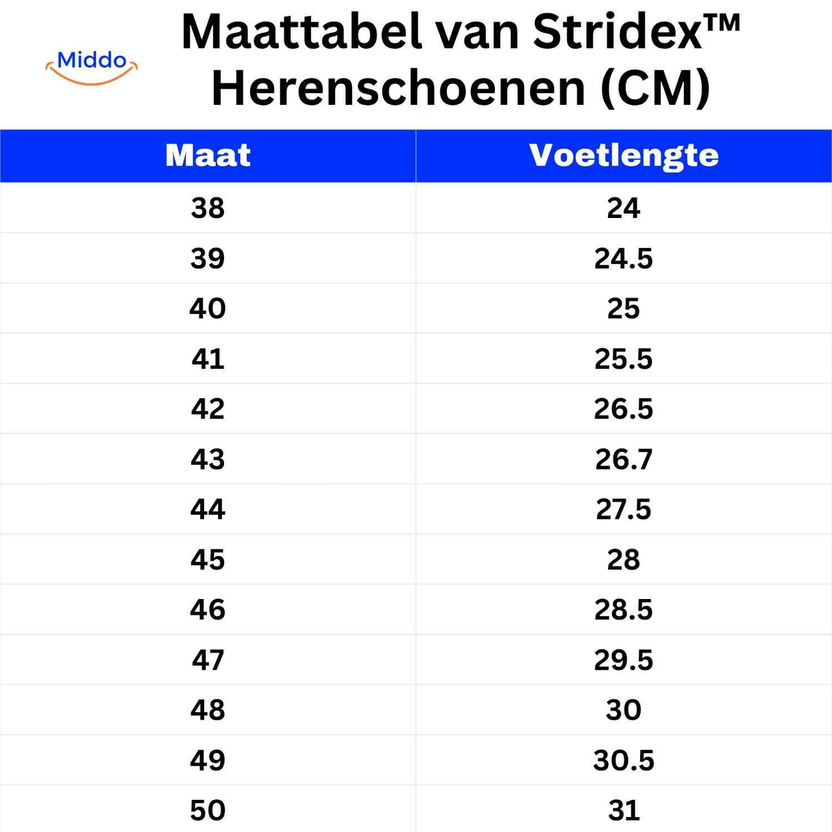 stridex heren schoenen maattabel in cm met voetlengte overzicht maat 38 tot 50 www.middo.nl