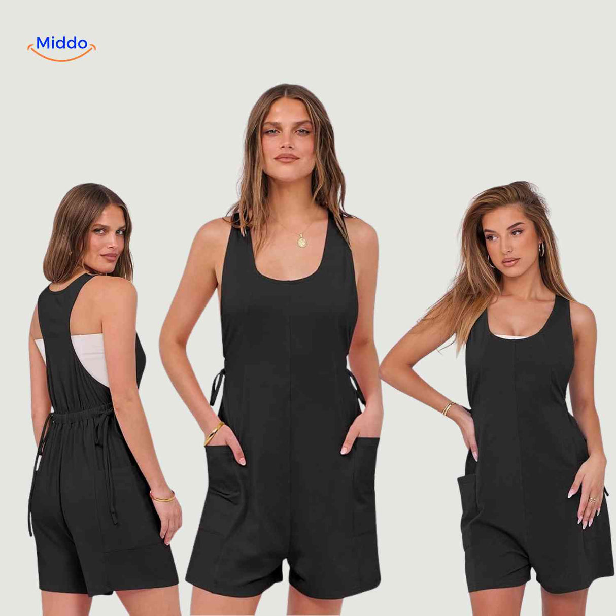summiva jumpsuit donkergrijs zomers model met strikdetails en zakken www.middo.nl