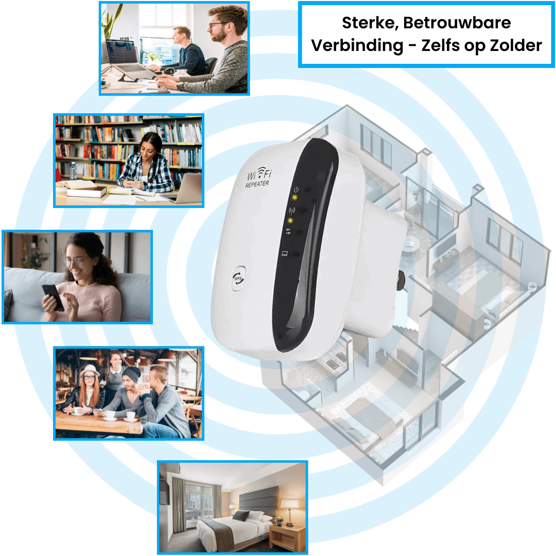 WiFi-repeater met gezin, biedt sterke verbinding door hele huis