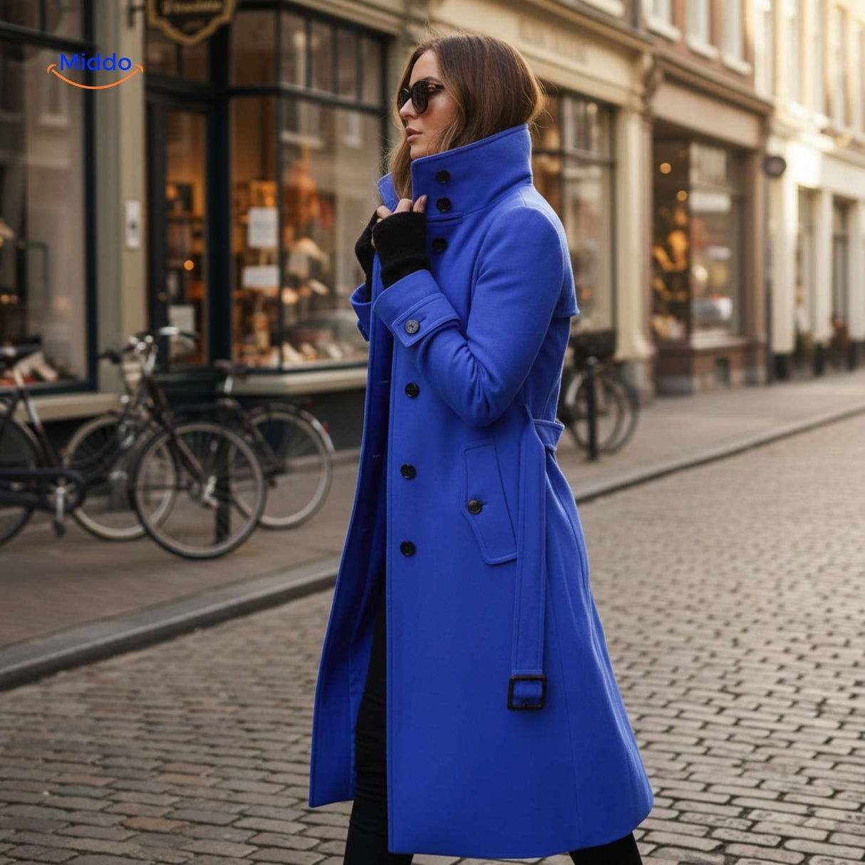 veloura mantel blauw vrouw met lange jas en zonnebril www.middo.nl