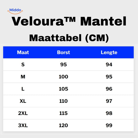 veloura mantel maattabel met borst en lengte in cm www.middo.nl