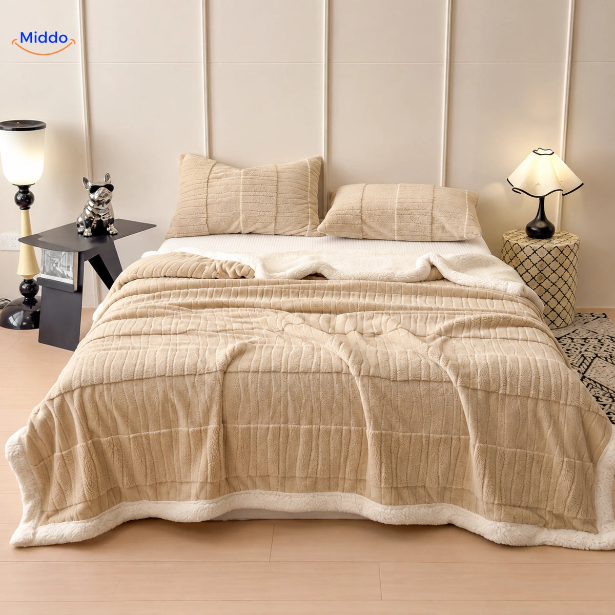 Winterra deken met golfstructuur in beige en zachte fleece achterzijde