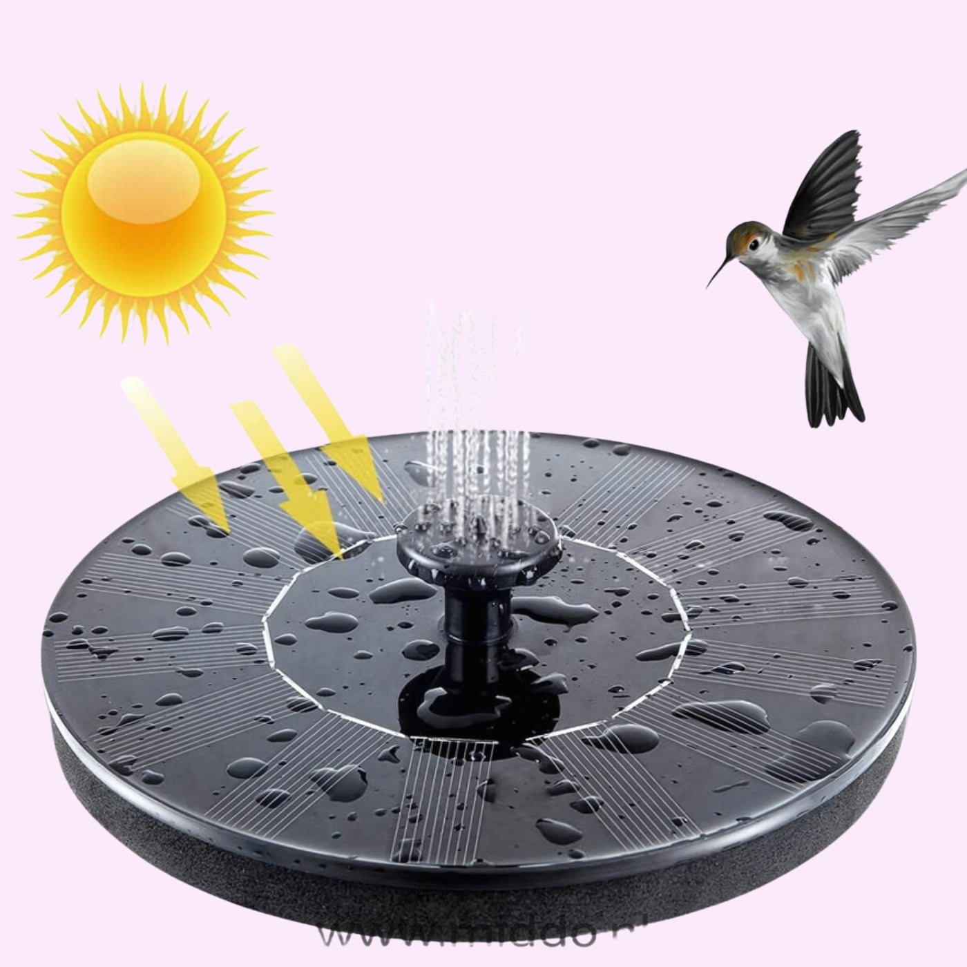 Fontein op zonneenergie die een vogel aantrekt www.middo.nl