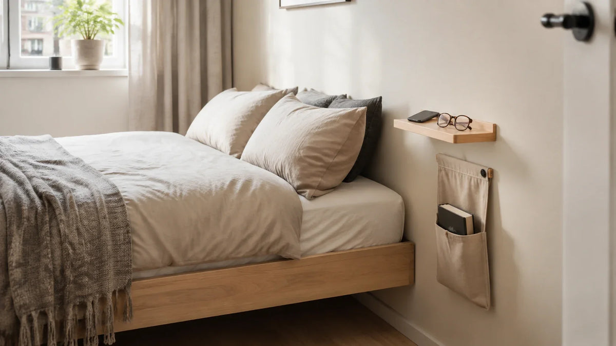 Kleine slaapkamer met wandplank en hangende organizer naast het bed