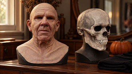 Huidkleurig Gerontix-oudemanmasker en grijze Skull Mask op een kaptafel