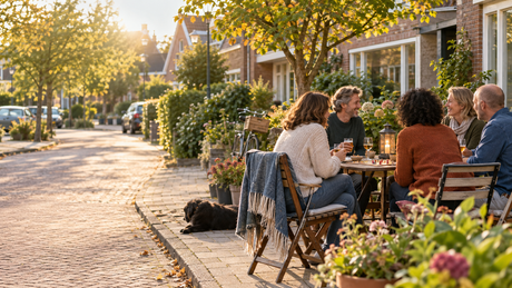 Buren rond een tafel met drankjes, een spel en een warme buitenlamp tijdens een buurtmiddag