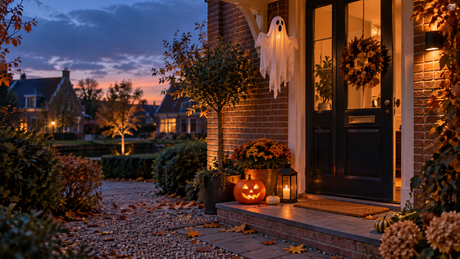 Halloween-entree met warme pompoenlantaarn en hangend spook tijdens een herfstige schemering
