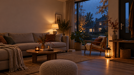 Warme lamp en draagbare lantaarn in een woonkamer tijdens een donkere herfstavond