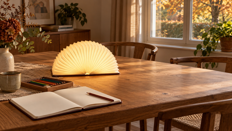 Hobbyplek met schetsboek, potloden en open LumiFold-boeklamp aan een gedeeltelijk vrije eettafel