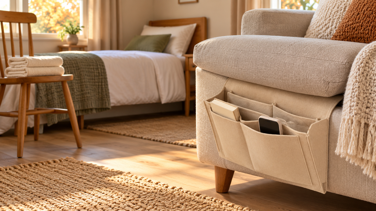 Voorbereide logeerplek met handdoeken en een beige BedCaddy aan een zitbank