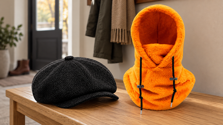 Zwarte Heritage Eight-pet naast een oranje lange SnowShield-muts met nekwarmer op een halbank