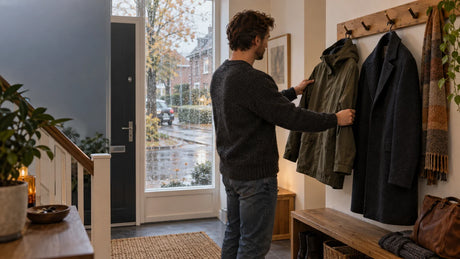 Man kiest in een hal tussen een jas met capuchon en een donkere mantel terwijl het buiten regent