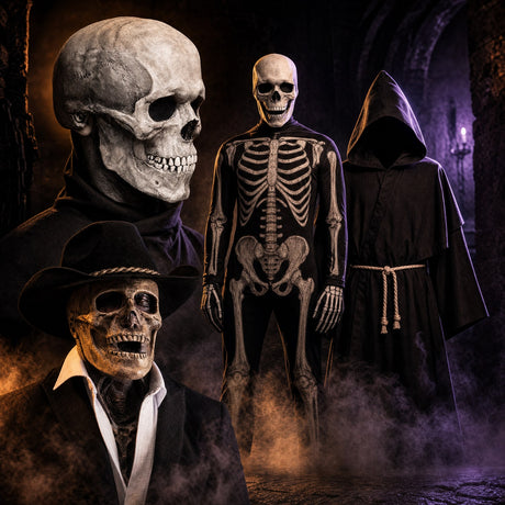 Halloween collectie: realistisch schedelmasker, skeletpak, capuchongewaad en horror latexmasker in mist