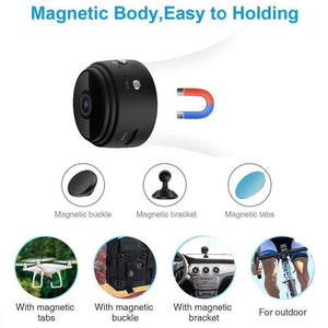 Zwarte mini camera met magnetische behuizing naast een magneetknop, magneethouder en metaalplaatjes, met voorbeelden op een drone, rugzak, dashboard en fietsarm
