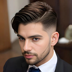 Foto van jonge man met kort haar aan de zijkant en lang haar boven op zijn hoofd, na gebruik van de Hair Gel.