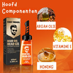 Foto van de Hair Gel met de foto's van de ingredienten, Argan olie Vitamine E en Honing.