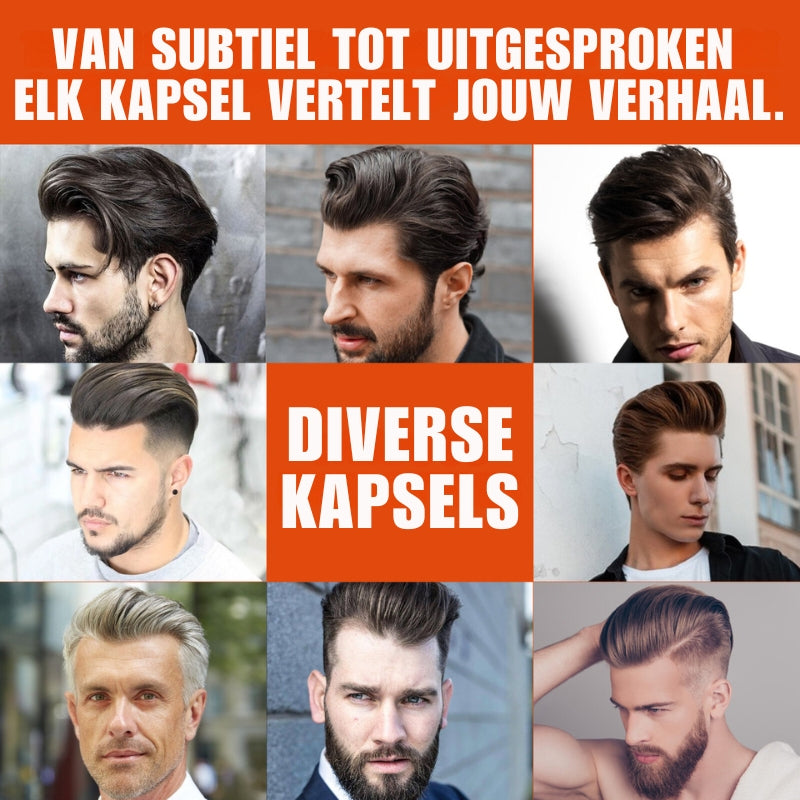 Foto van 8 mannen met verschillende kapsels na gebruik van de Hair Gel.