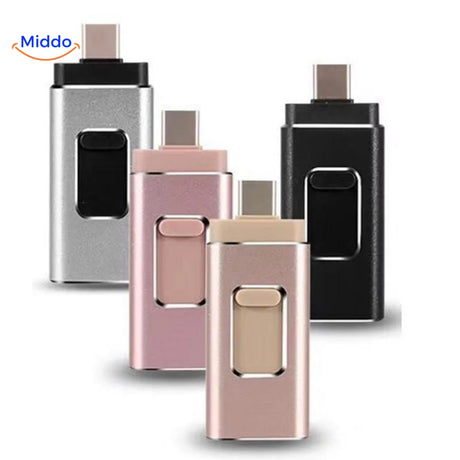 Vier 4-in-1 flashdrives in verschillende kleuren voor mobiele apparaten