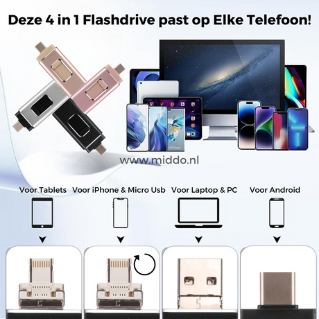 Deze 4 in 1 Flashdrive past op elke telefoon.