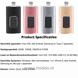 Verschillende 4-in-1 flashdrives met productspecificaties en opslagcapaciteiten
