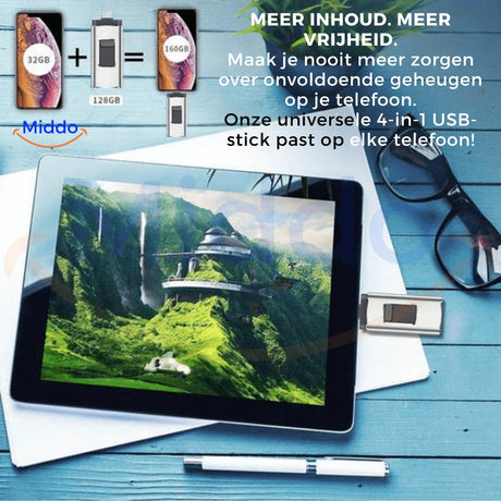 Tablet met 4-in-1 flashdrive en extra opslagruimte op de achtergrond.