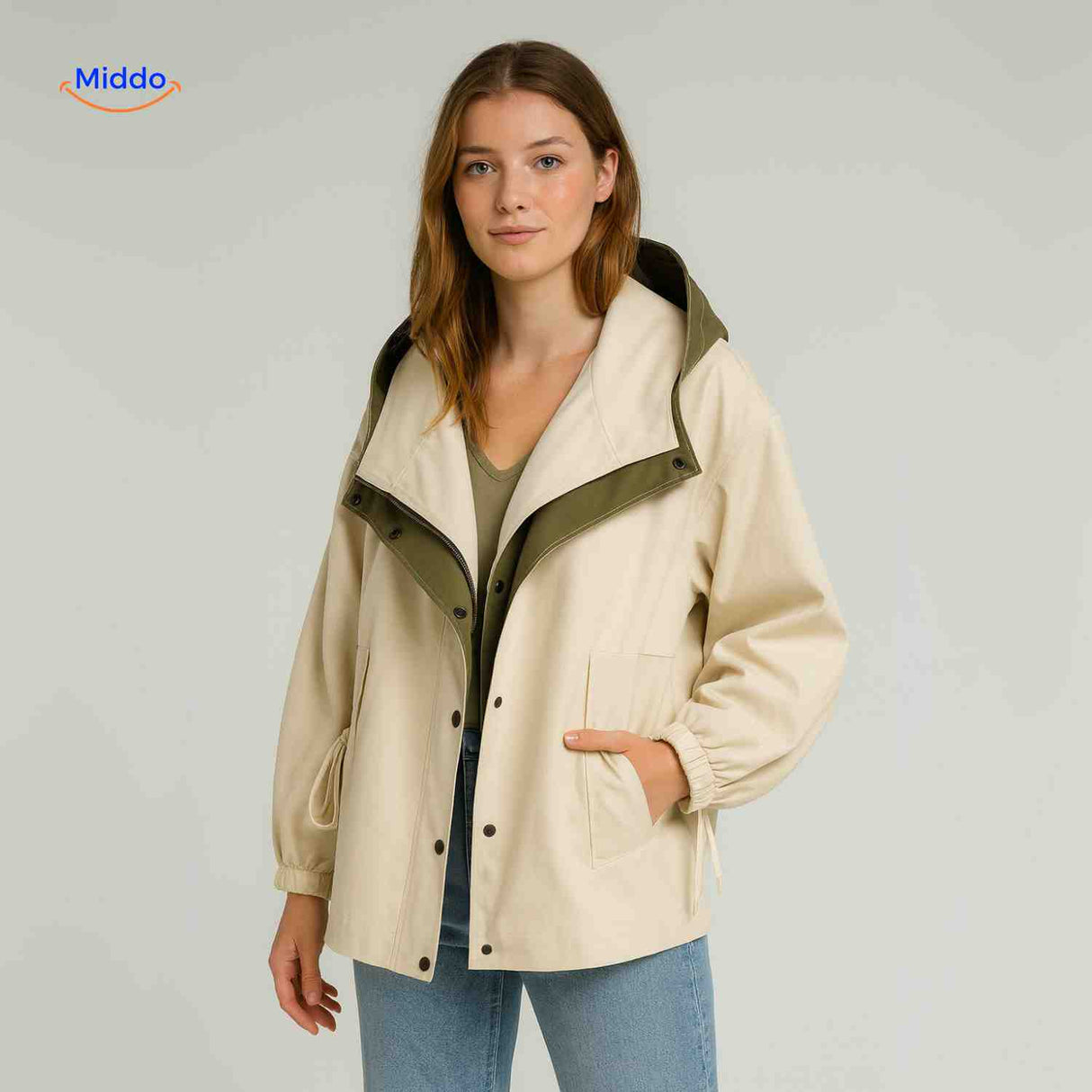 AquaShell jas creme met groene binnenkraag casual damesjack www.middo.nl