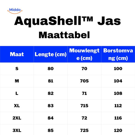 Maattabel Dames winterjas regendicht Aquashell van Middo