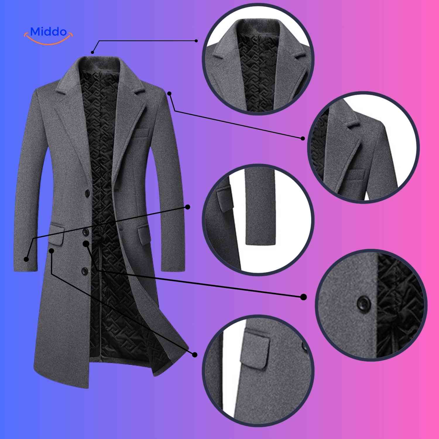 Ashford Wol Trench grijze herenjas detailswww.middo.nl