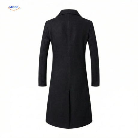 Zwarte Ashford™ lange wol mantel voor heren, achterkant, geïnspireerd door Peaky Blinders.