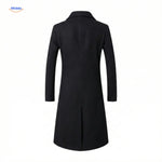 Zwarte Ashford™ lange wol mantel voor heren, achterkant, geïnspireerd door Peaky Blinders.