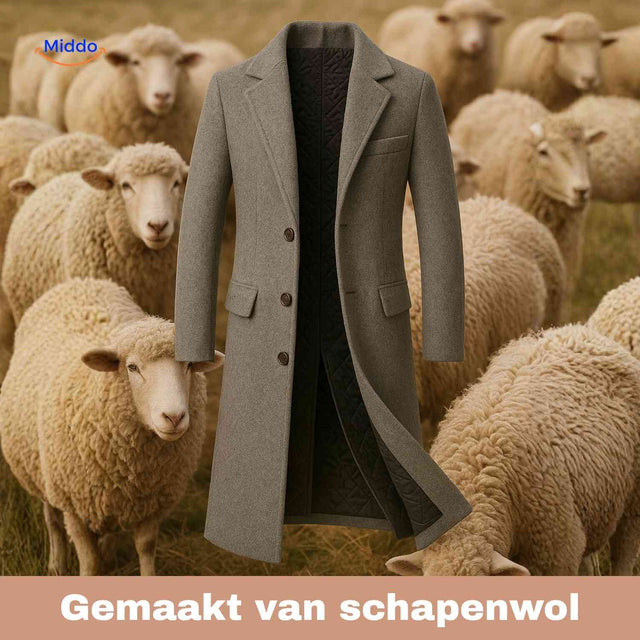 Detail van Ashford™ grijze schapenwollen herenjas, Peaky Blinders geïnspireerde trenchcoat.
