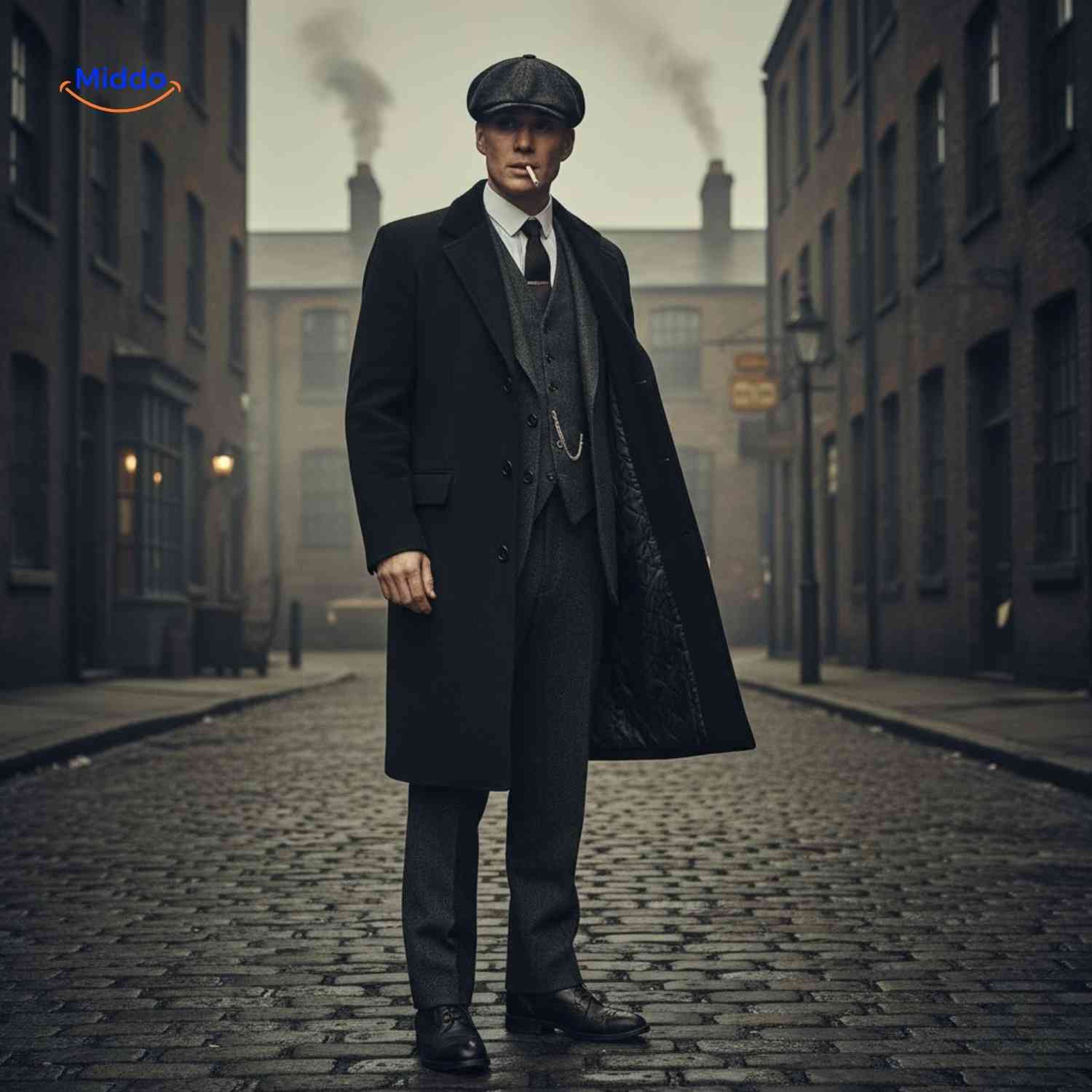 Heren Peaky Blinders jas van Ashford™ in zwart, lange wollen trenchcoat geïnspireerd door Thomas Shelby.