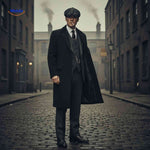 Heren Peaky Blinders jas van Ashford™ in zwart, lange wollen trenchcoat geïnspireerd door Thomas Shelby.