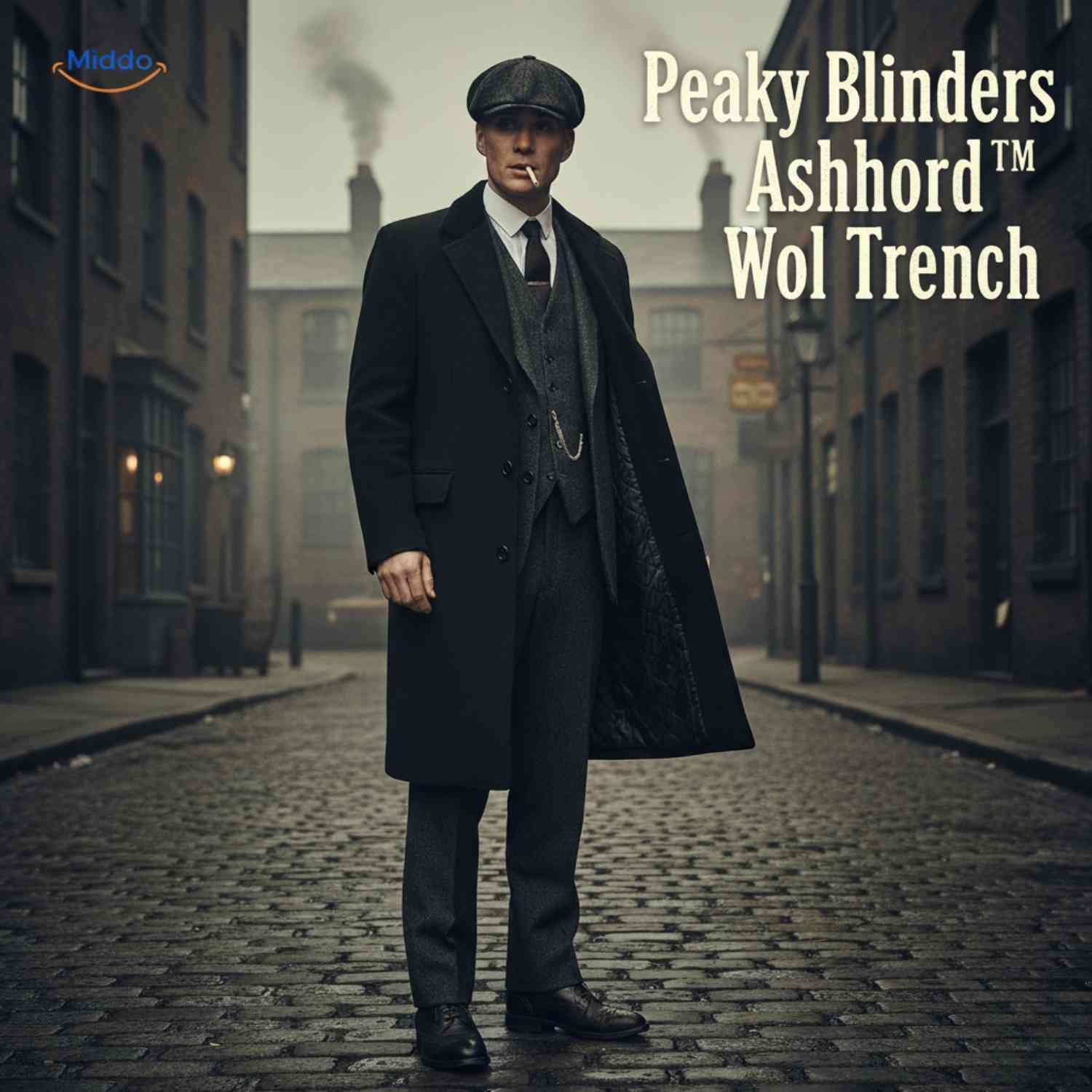 Man draagt zwarte Ashford™ Peaky Blinders wool trenchcoat, klassieke jaren 1920 look.