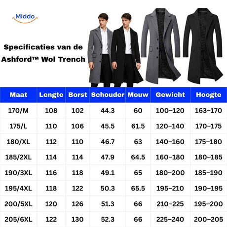 Maattabel voor Ashford™ Peaky Blinders herenjas in zwart en grijs.