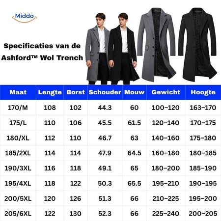 Maattabel voor Ashford™ Peaky Blinders herenjas in zwart en grijs.