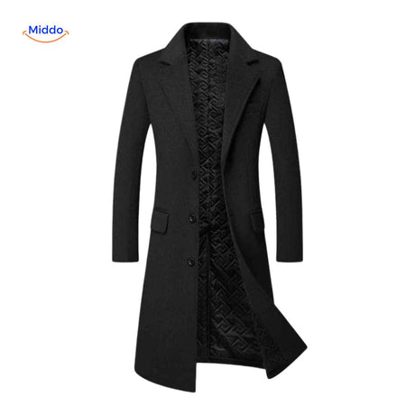 Zwarte Ashford™ lange wol mantel voor heren, geïnspireerd door Peaky Blinders.