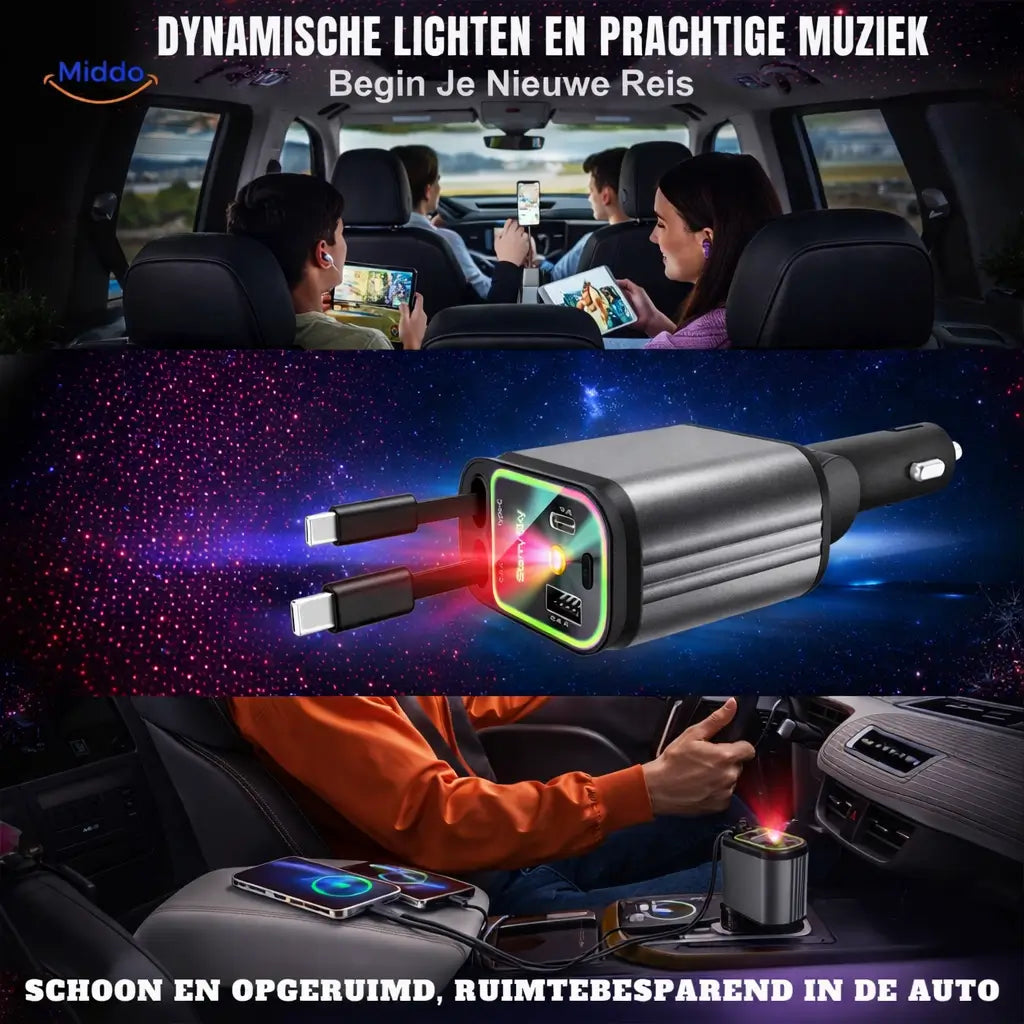 AutoCharge 120W laadstation in auto met unieke verlichting www.middo.nl