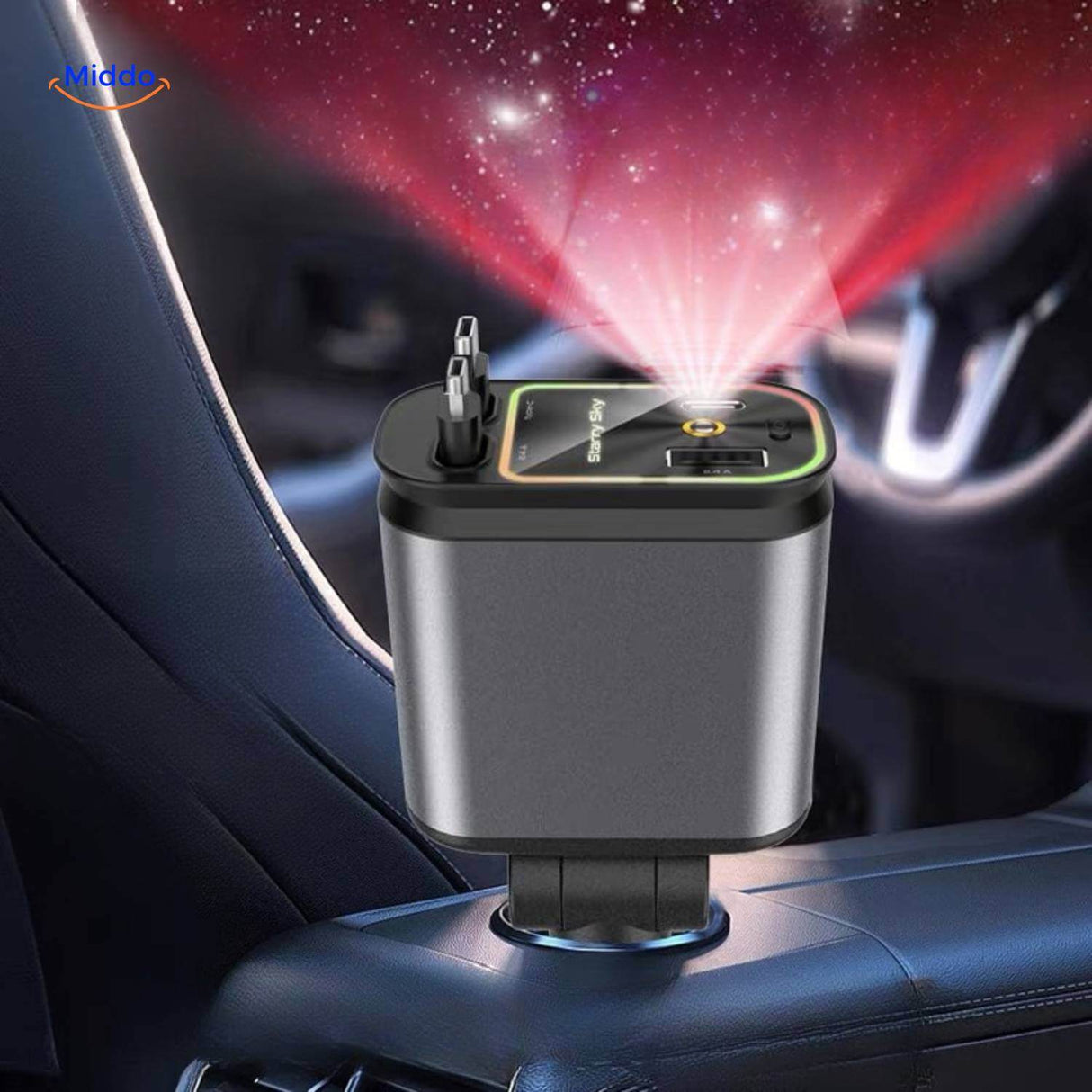 AutoCharge 120W laadstation met RGB lampen in auto www.middo.nl