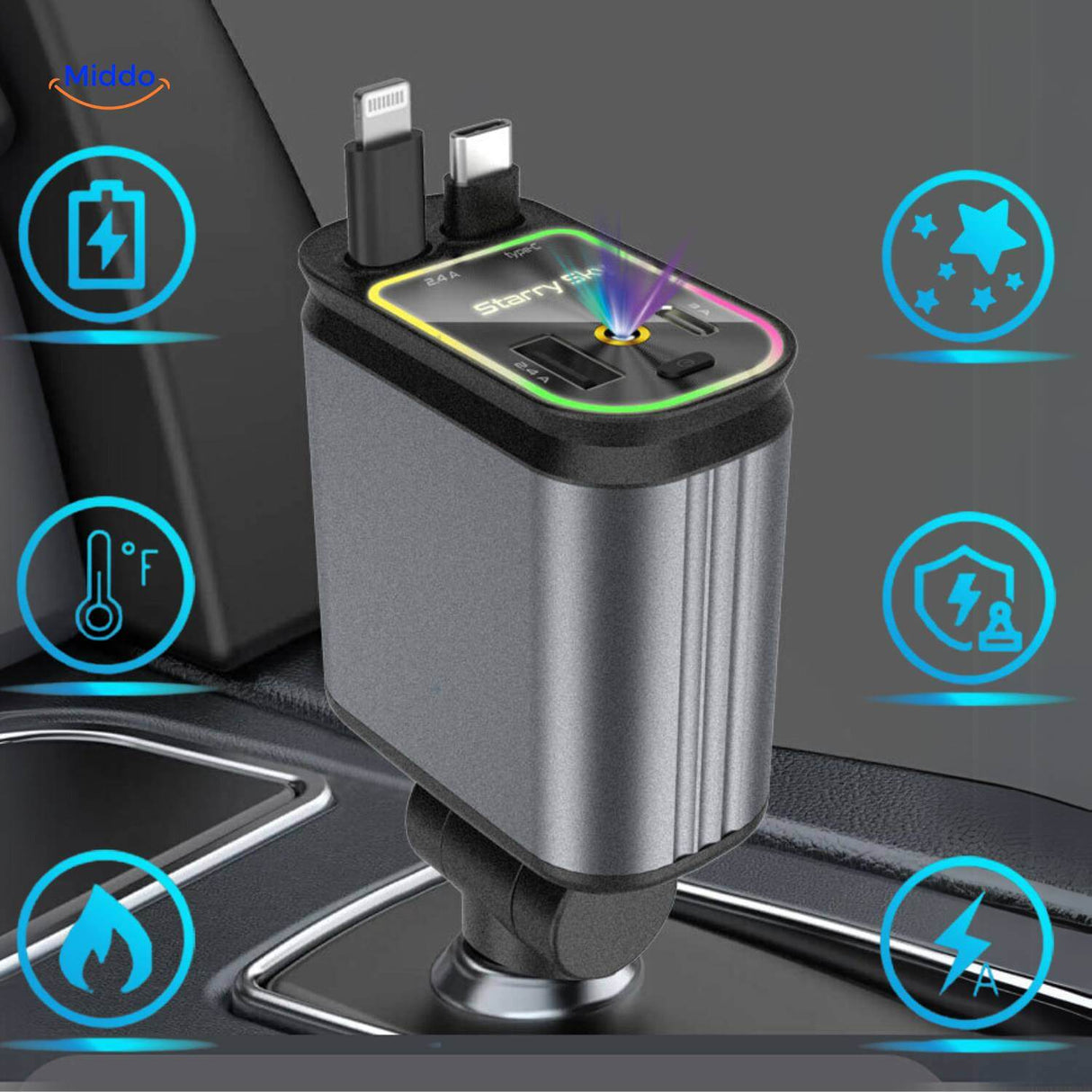 AutoCharge 120W laadstation met tecniek en licht effecten www.middo.nl