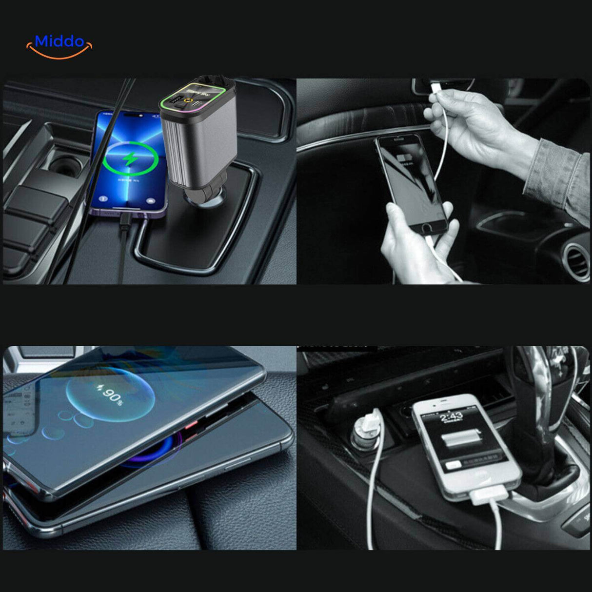 AutoCharge 120W met opladen en laadkabel in auto www.middo.nl