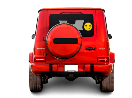 Rode jeep auto met de AutoPixel emoji op het achterraam op een geblokt zwart grijze achtergrond.