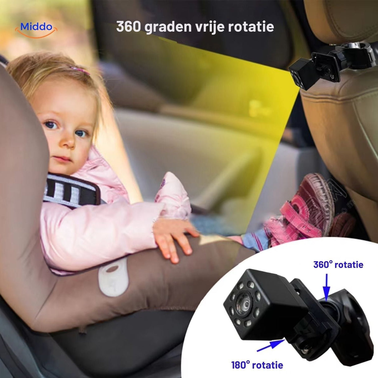BabyGuard camera met 360 graden draai en baby voor autostoel